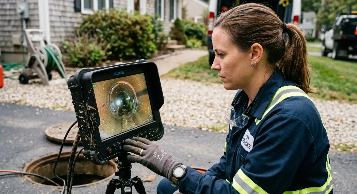Technician reviewing sewer camera inspection footage in Chesterfield