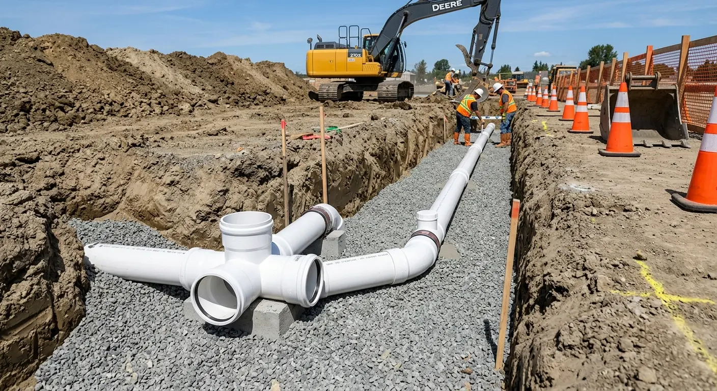 New PVC sewer pipe installation in open trench for Commercial Drain Cleaning in Chesterfield