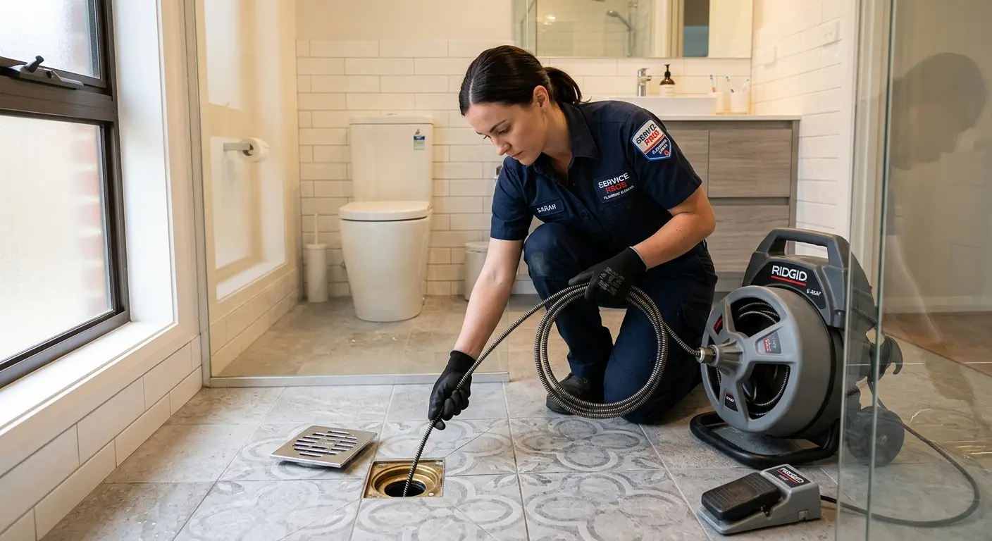 Technician clearing a bathroom floor drain for Clogged Drain Repair in Chesterfield